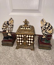 Vintage Harlequin Jester Bookends & Lidded Trinket Box 3-Piece Décor Set picture