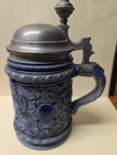 Vintage German Blue Salt-Glazed Beer Stein 320 Cobalt Ceramic Relief Lidded .5L picture