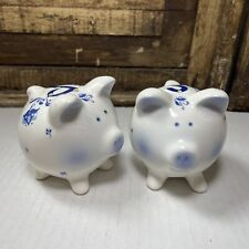Vintage Enesco Pig Salt & Pepper Shakers Blue and White Ceramic 3 1/4” Tall picture