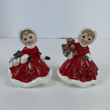 Vintage 50s Lefton #6604 Poinsettia Girl Christmas Figurine Wreath Present Japan picture