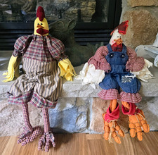 Vintage 2 Fabric Chicken & Rooster Country Figurines Plaid Outfit Shelf Sitter  picture
