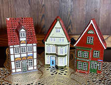 Schnoor Hand Painted Wood Folk Art House Figurines Set of 3 Signed 1986 picture
