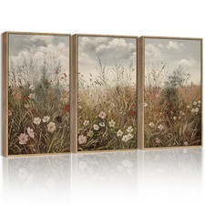 SHENIFY Vintage Landscape Framed Wall Art Meadow Flowers 11x14in 3pcs Natural picture