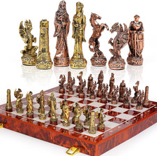 Vintage Figurine Metal Chess Set for Adults and Kids - 15'' Wooden Board with Me picture