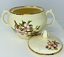 SUGAR BOWL w Lid  Double handles Royal Swan BLOSSOMTIME Staffordshire Gold rim picture