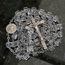 Vtg Kirk & Gormley Sterling Crucifix Rosary Square Faceted Quartz Crystal Beads picture
