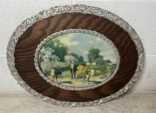 Antique Victorian Frame Litho Cows Farm Blossoms Landscape Scene 15”x19” picture