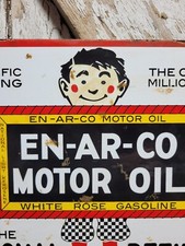 VINTAGE EN-AR-CO PORCELAIN SIGN OLD ENARCO REFINING OIL BOY WHITE ROSE GASOLINE picture