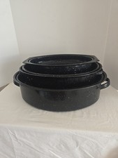 VTG 3 Speckled Black & White Enamelware Ham Turkey Roasting Roaster Pans W/Lids picture