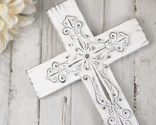 Ornate distressed shabby farmhouse chic white wall hanging Christian cross picture