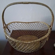 Vintage MCM Solid Brass Wire Metal Hollywood Regency Hand Woven Basket picture