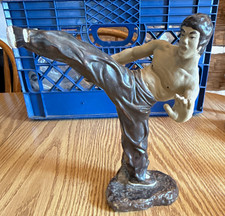 Ceramic Martial Arts Fighter Kicking Figurine Statue, Brown/Beige, 1970s picture