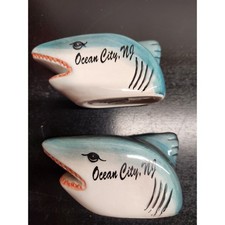 Ocean City NJ Shark Salt and Pepper Shakers Set AGIFT CORP Blue Ceramic Souvenir picture