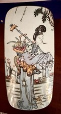 Vintage Large 8-1/2” Chinese Shard Metal Box W/Hand Painted Woman In Garden picture