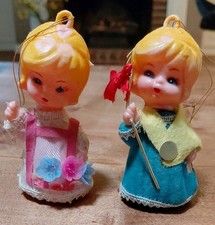 2 Vtg 1950s flocked Girls blow mold, ornament, blue And Pink dress 3.75