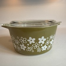 VTG Pyrex Green Crazy Daisy Casserole Dish 473 1 QT Spring Blossom With Lid ** picture