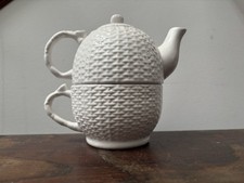 Nantucket Home Pottery White Basket Teapot & Cup Set picture