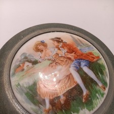 Vintage 40s Music Box Powder Puff Tin Victorian Courting Couple Vanity Decor picture