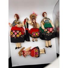 Vintage Handcrafted Folk Art Yarn Dolls Set of 5 European Regional Costume picture