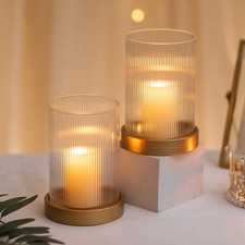 Hewory Ribbed Hurricane Candle Holder: Gold Votive Holders Set of picture