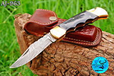 HANDMADE FORGED DAMASCUS STEEL FOLDING BLADE POCKET KNIFE / BULL HORN HANDLE-963 picture