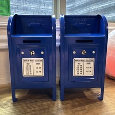 2 Vintage Metal Mailbox Piggy Banks – Letters & Coins, 7.5 Inches, Blue No Keys picture