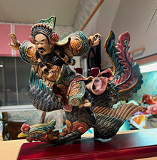 Chinese Style Warrior Riding Dragon Bird Figurine Statue on Red Wooden Base picture