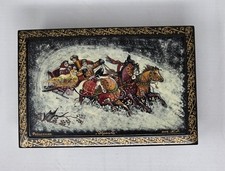 Vintage Signed Hand Painted Russian Lacquer Folk Art Box w/ Winter Sleigh picture