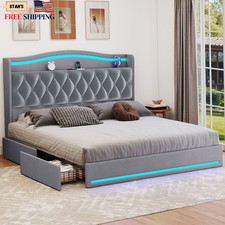 King Size Bed Frame with Power Outlets & LED Lights Upholstered Storage Bed F... picture