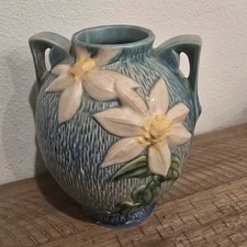 Vintage Roseville Clematis Blue Pottery Vase Double Handled Floral Design picture