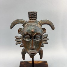 Vintage African Tribal Mask Carved Wood Congo Songye Miniature Rasta On Stand b picture