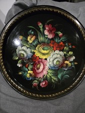 Vintage Russian Zhostovo Hand Painted Floral Metal Tole Round Serving Tray 19.5