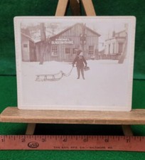 Antique Cabinet Photo Card  Blacksmith Boy w Sled & Basket Outdoors in Snow  picture