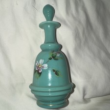 1870s OPEN PONTIL BRISTOL GLASS COLOGNE BOTTLE W/ Lid Victorian HAND PAINTED picture