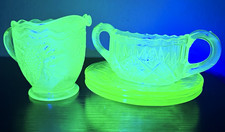 5 Piece Uranium Glass Lot Green Depression Creamer, Sugar Bowl Thumbprint Plates picture