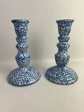 Vintage Set (2) Blue Stipple Spongeware Candle Stick Holders 7.5