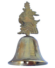 Vintage Christmas Bell Gold with Christmas Tree and Deer Handle 4 3/4