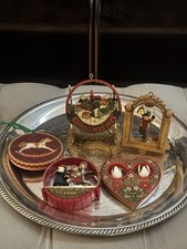 5 vintage Hallmark Christmas ornaments,  1975 village scene, 1979 heart w/doves picture