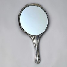 Vintage Art Deco Silver Plated Hand Mirror Fan Fluted Shell Vanity Compact Mini picture