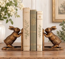 Vintage Antique Gold Cast Iron Bunny Rabbit Bookends Cast Iron Bunny Shelf Decor picture