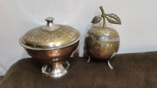 Vintage Handcrafted Heavy Brass Vessels Set 2-Piece Etched Floral Bowl & Apple  picture