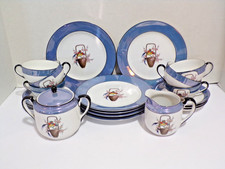 Noritake Vintage Blue Lusterware Hand Painted Tea Set Service for 6 Birds Basket picture