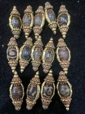 14Pcs Pure Tibetan Brass Inlay Old Natural Agate Dzi Prayer Bead Pendants picture
