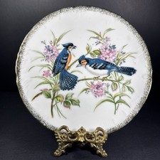 Vintage Norleans Japan Wall Plate Blue Jays Pink Flowers Gold Spray Trim 8.25” picture