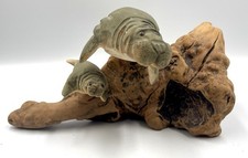 Adorable Hand Carved Rustic Wood Manatee Mother And Baby, Florida Natural Art picture