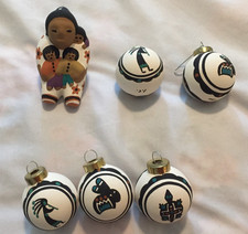 6 Native American Pueblo Ceramic Ornaments Hand Painted Signed Storyteller Lot picture