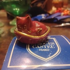 Vintage Limoges Castel France Burgundy Porcelain Cat & Bed Figurine Gold TrimNew picture