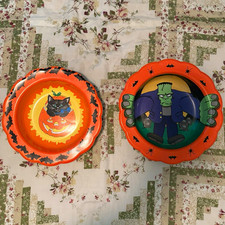 Vintage 2-Pack Halloween Plastic Serving Bowls Cat & Frankenstein picture