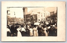 Busy Street Scene City Hall Parade Patriotic Flags Real Photo RPPC picture