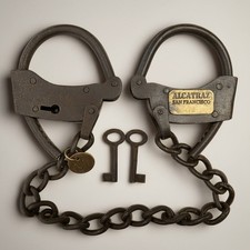 Alcatraz Prison Iron Adjustable Handcuffs with Chain & Brass Tag picture